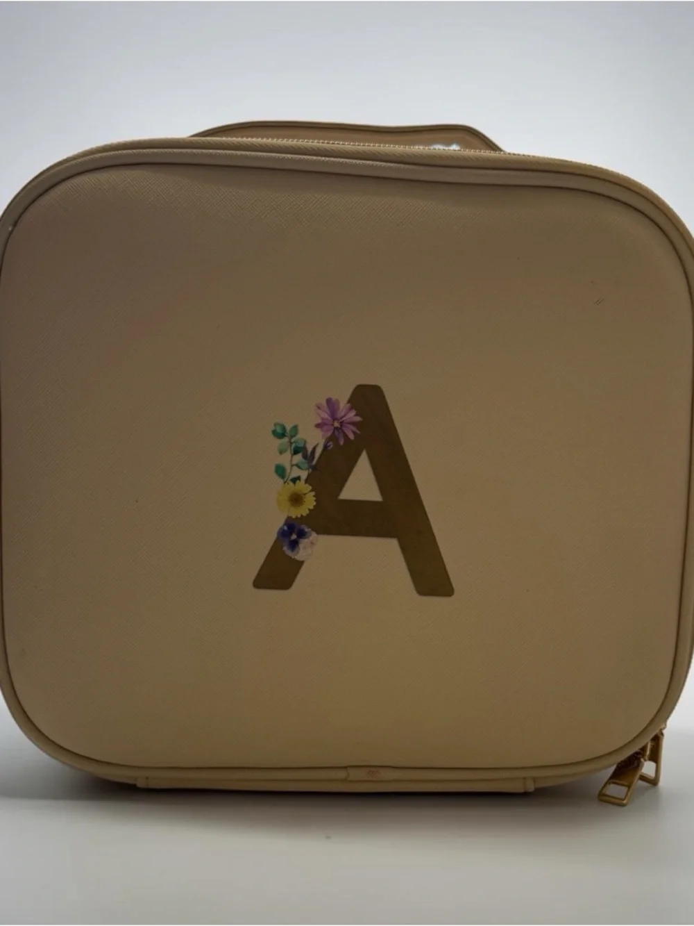 Beige Floral 'A' Accent Satchel Cosmetic Bag